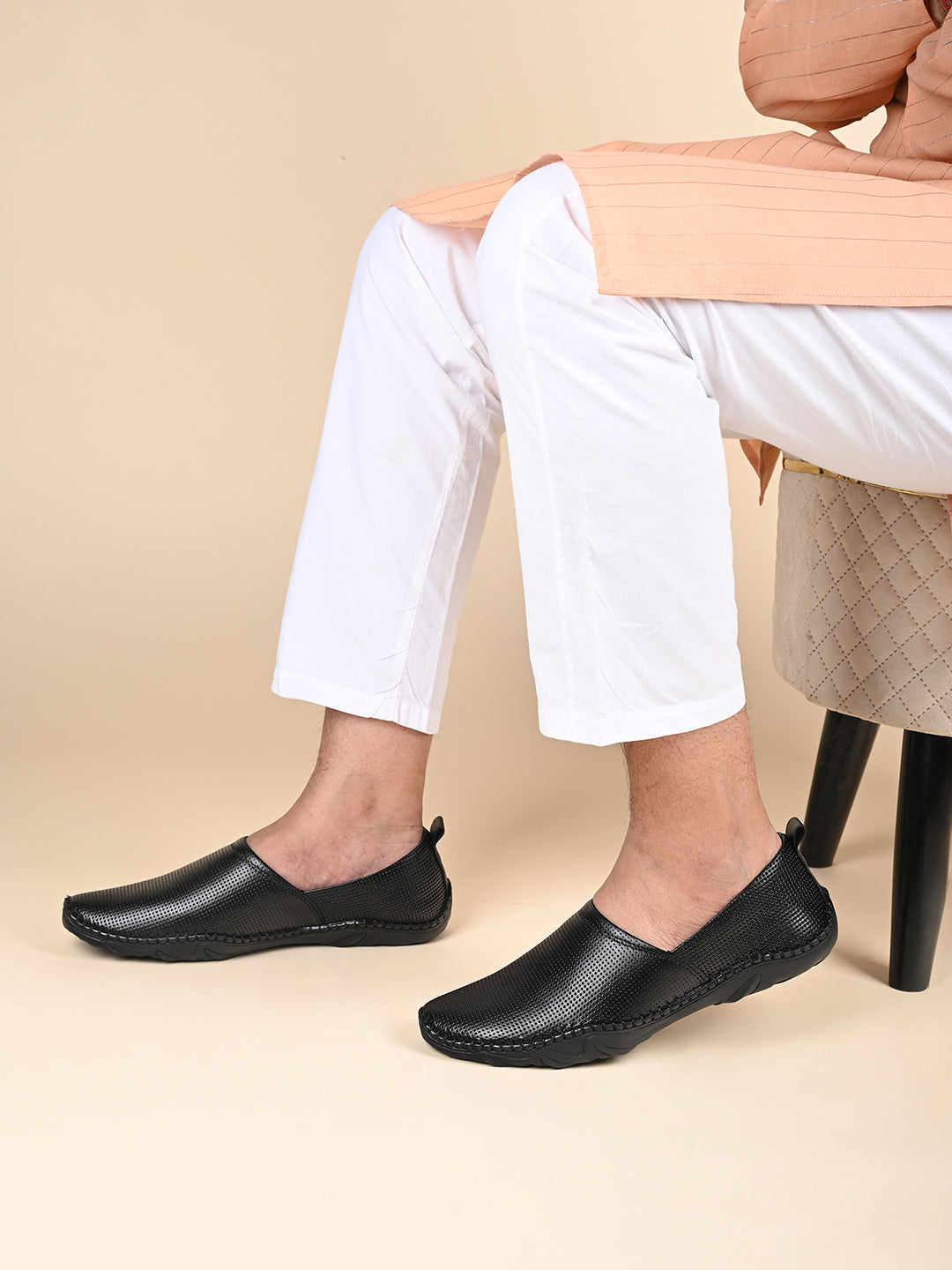 Jet Black Genuine Leather Ultra Lightweight Stylish Stich Nagra Jutis and Mojaris