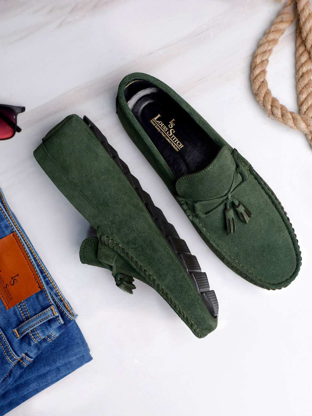 Seaweed Green Handmade Italian Suede Leather Penny Tassel Loafers