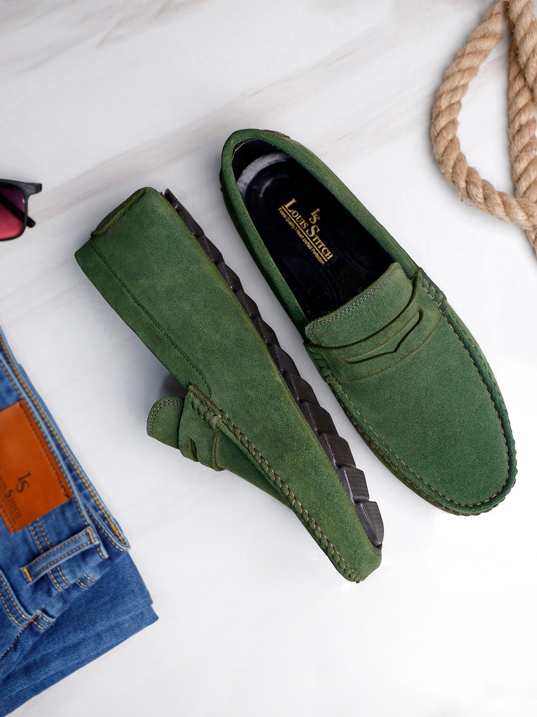 Seaweed Green Handmade Italian Suede Leather Penny Loafers
