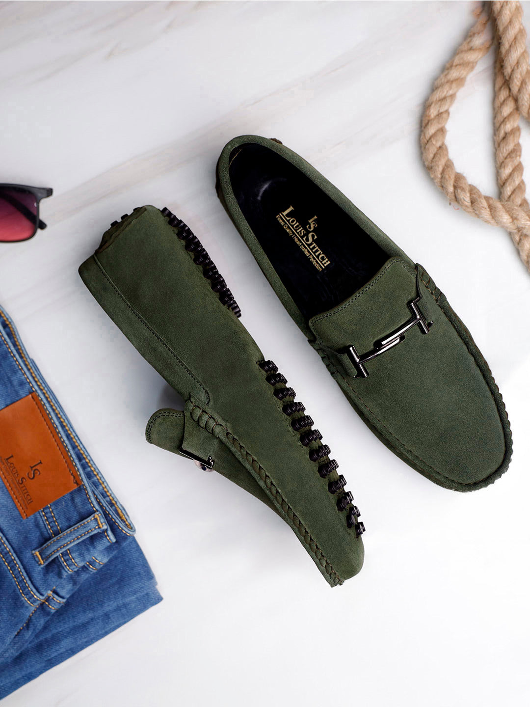 Seaweed Green Handmade Italian Suede Leather Penny Loafers