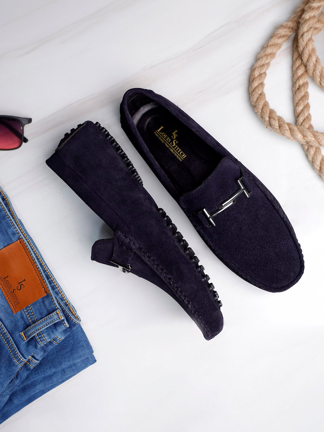 Federal Blue Handmade Italian Suede Leather Penny Loafers