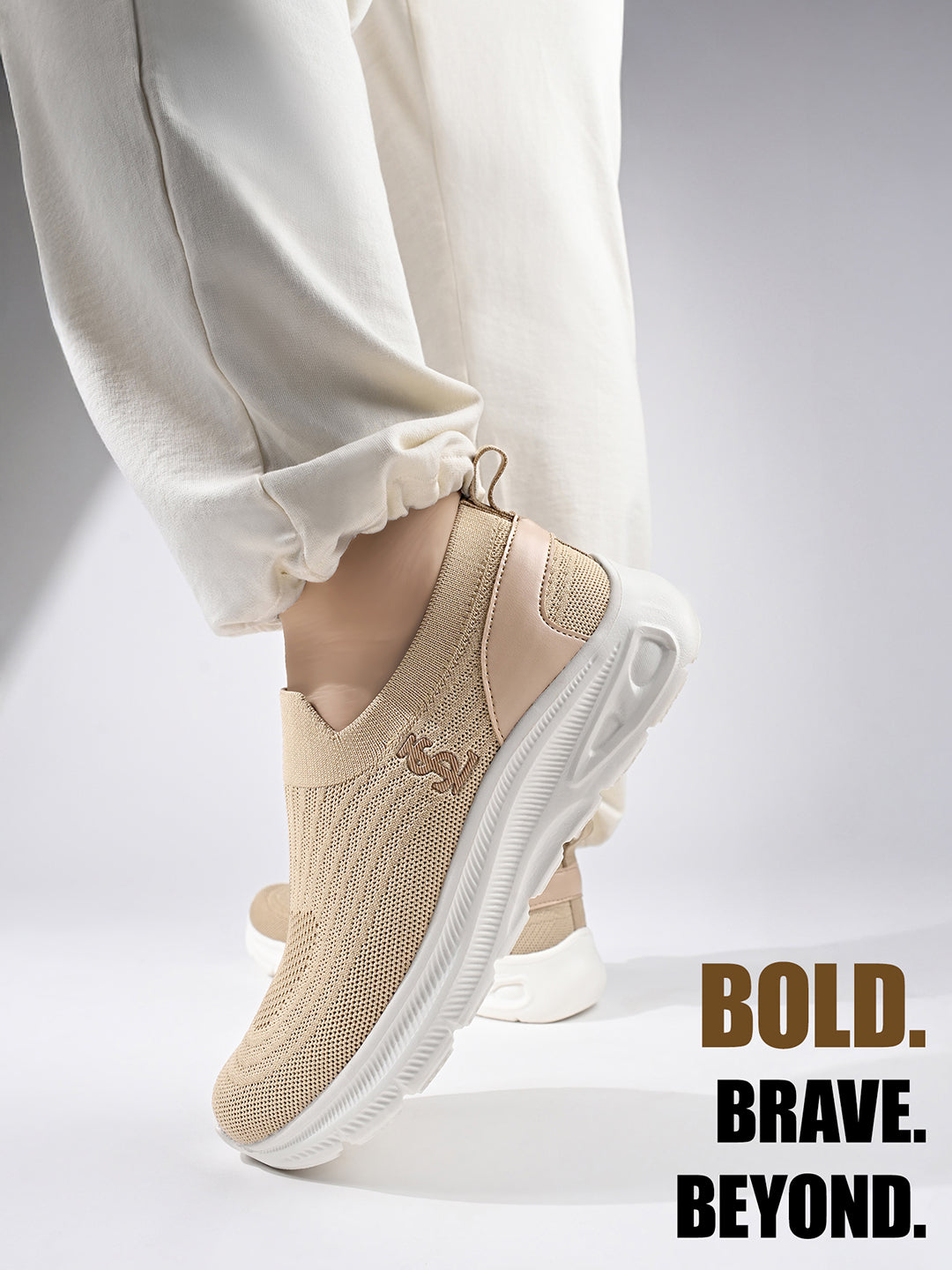 Beige Lightweight Athleisure Flyknit Sport Shoes