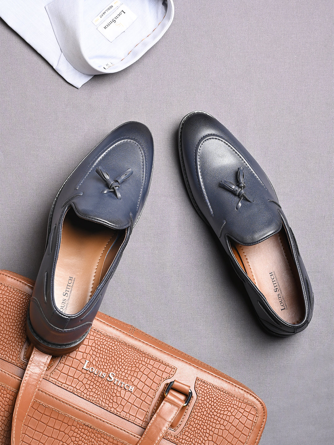 Federal Blue Handcrafted Tassel Moccasins Slipons