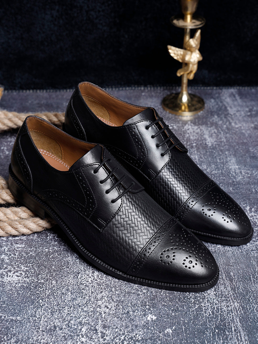 Jet Black Handmade Premium Italian Leather Weaved Oxfords