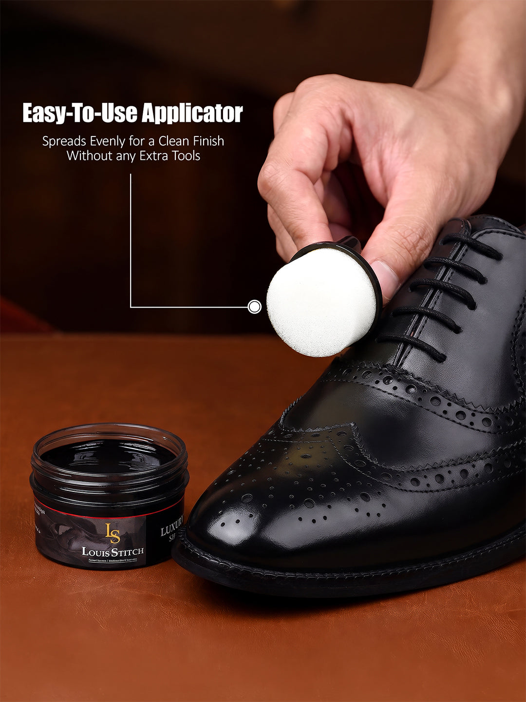 Black and Neutral Leather Shoe Cream with Applicator For Leather items