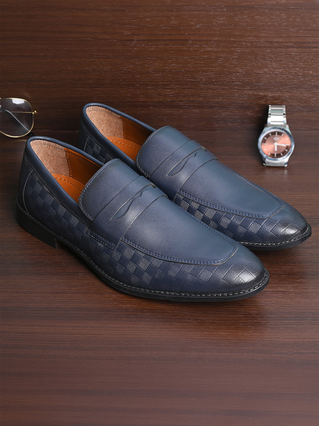 Federal Blue Handcrafted Embossed Moccasins Slipons