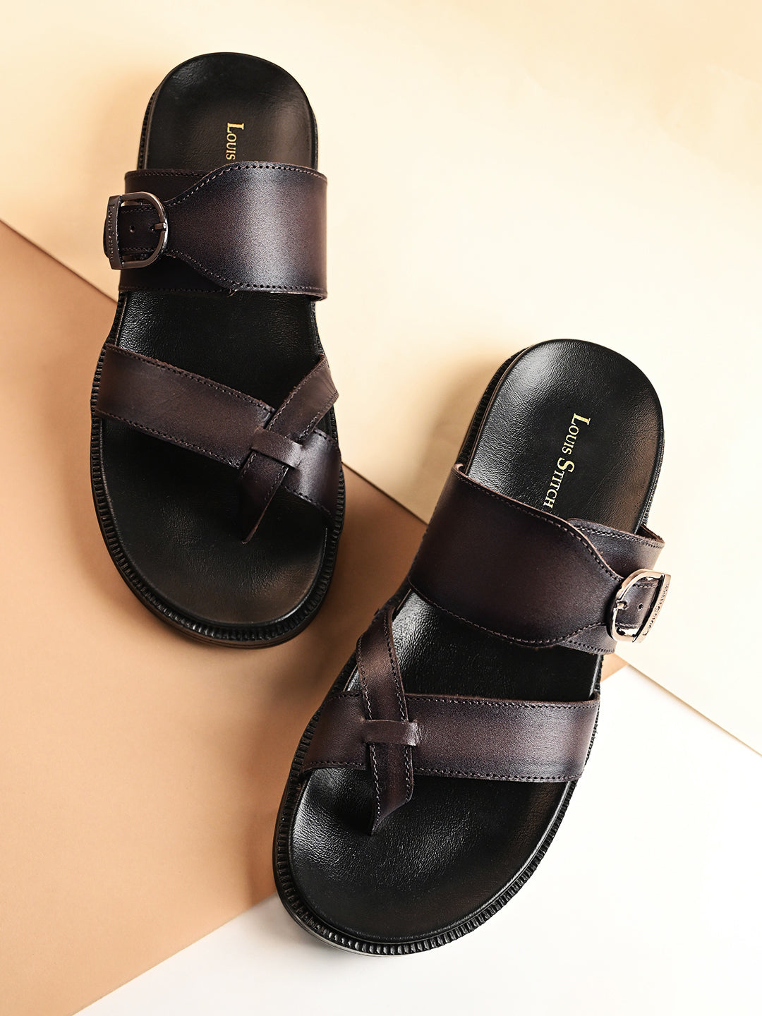 Brunette Brown Toe Ring Lightweight Leather Sandal with Adjustable Buckle