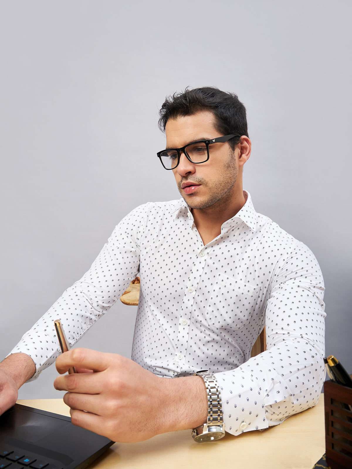 Regular Fit Formal Geometric White Shirt For Men