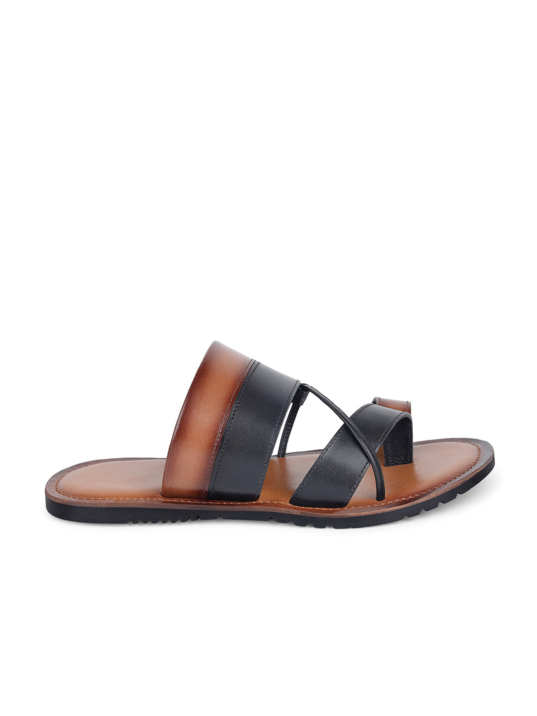 Tan and Black Open Toe Style Lightweight Toe Ring Leather Sandal