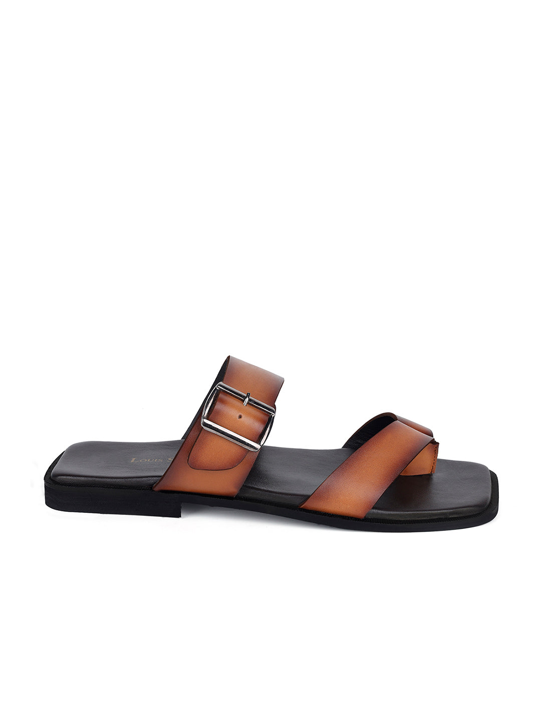Tan Open Toe Lightweight T-Strap Leather Sandal with Adjustable Buckle Strap
