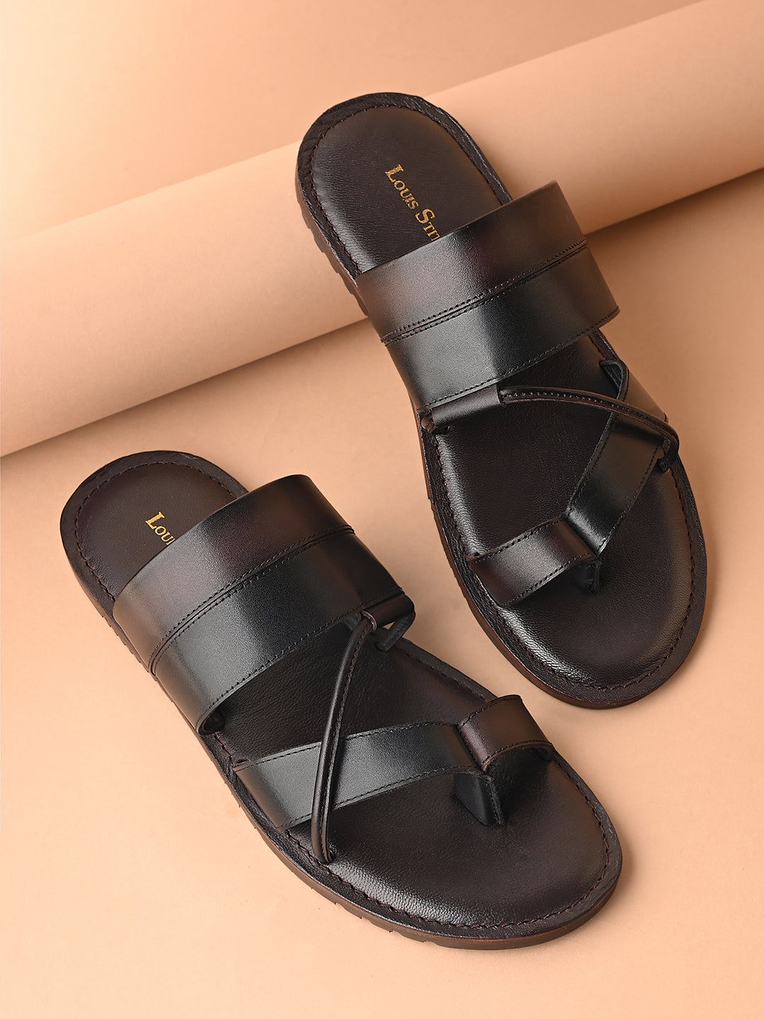 Brown and Black Open Toe Style Lightweight Toe Ring Leather Sandal