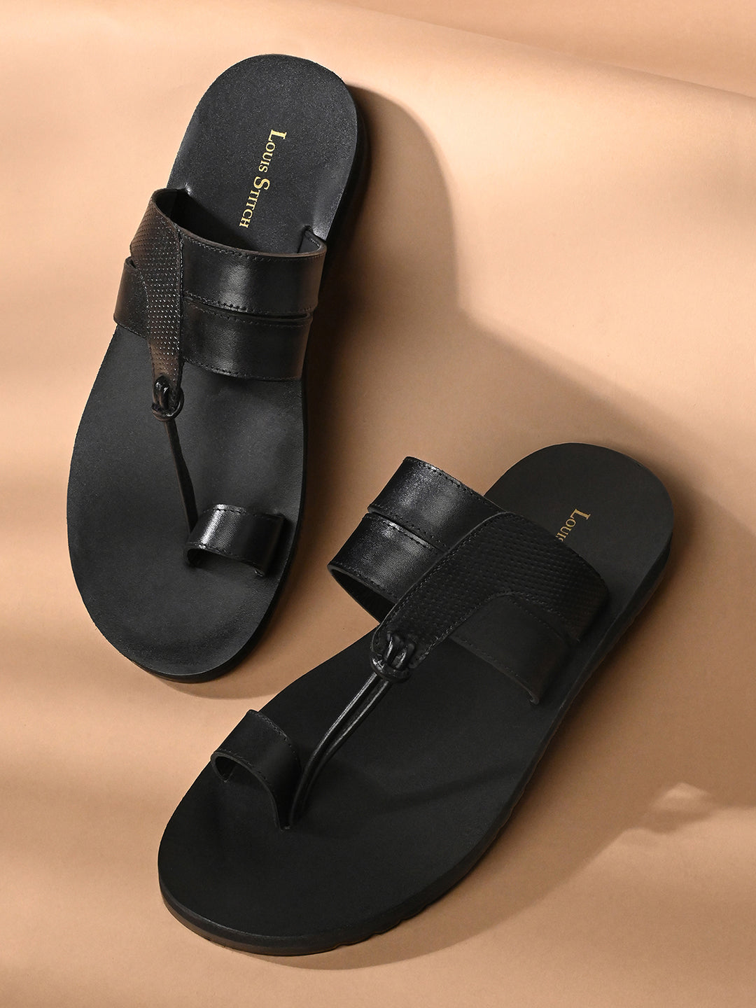 Jet Black Open Toe Style Lightweight Toe Ring with Strap Leather Sandal