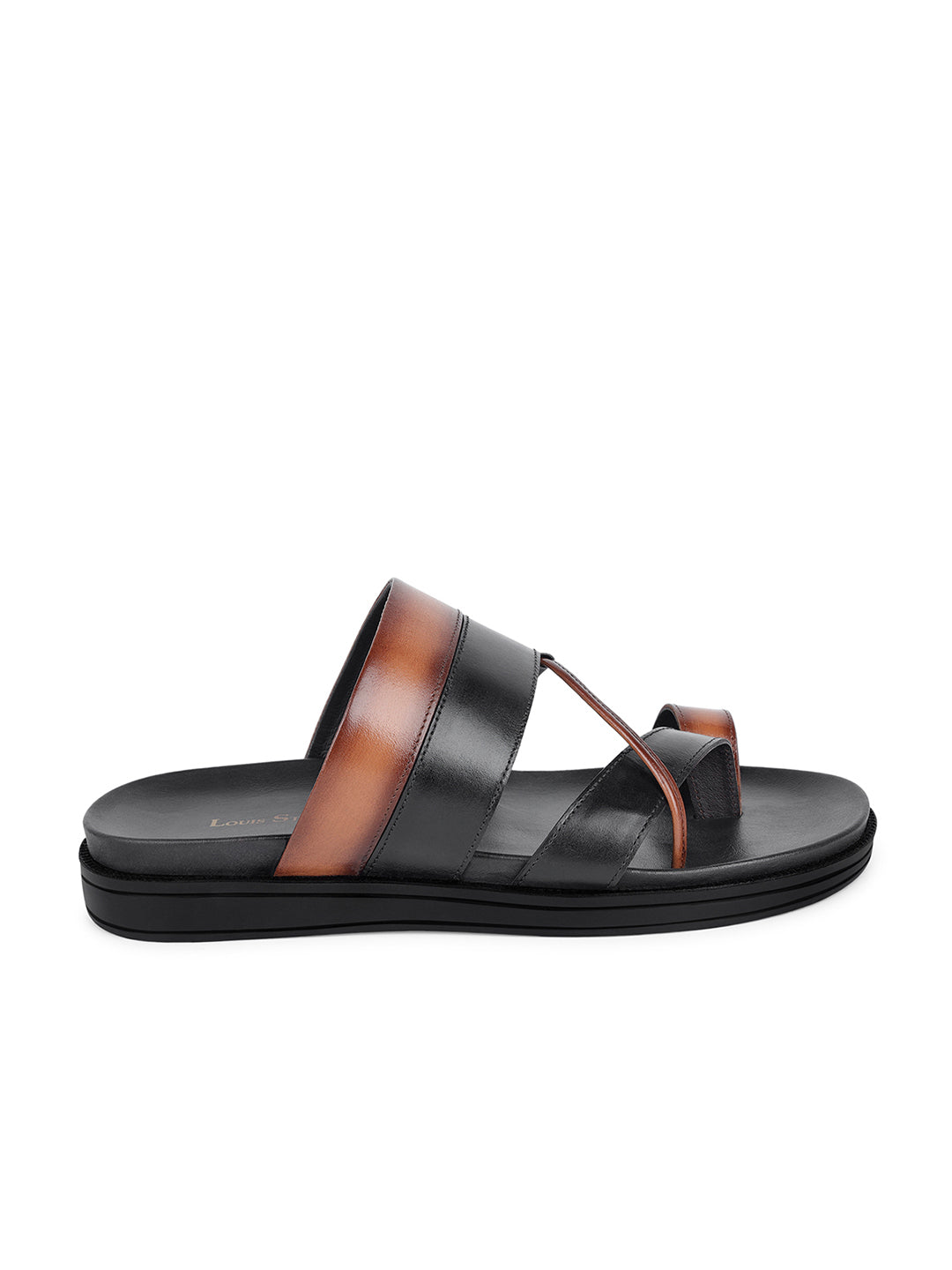 Black and Tan Open Toe Style Lightweight Toe Ring Leather Sandal