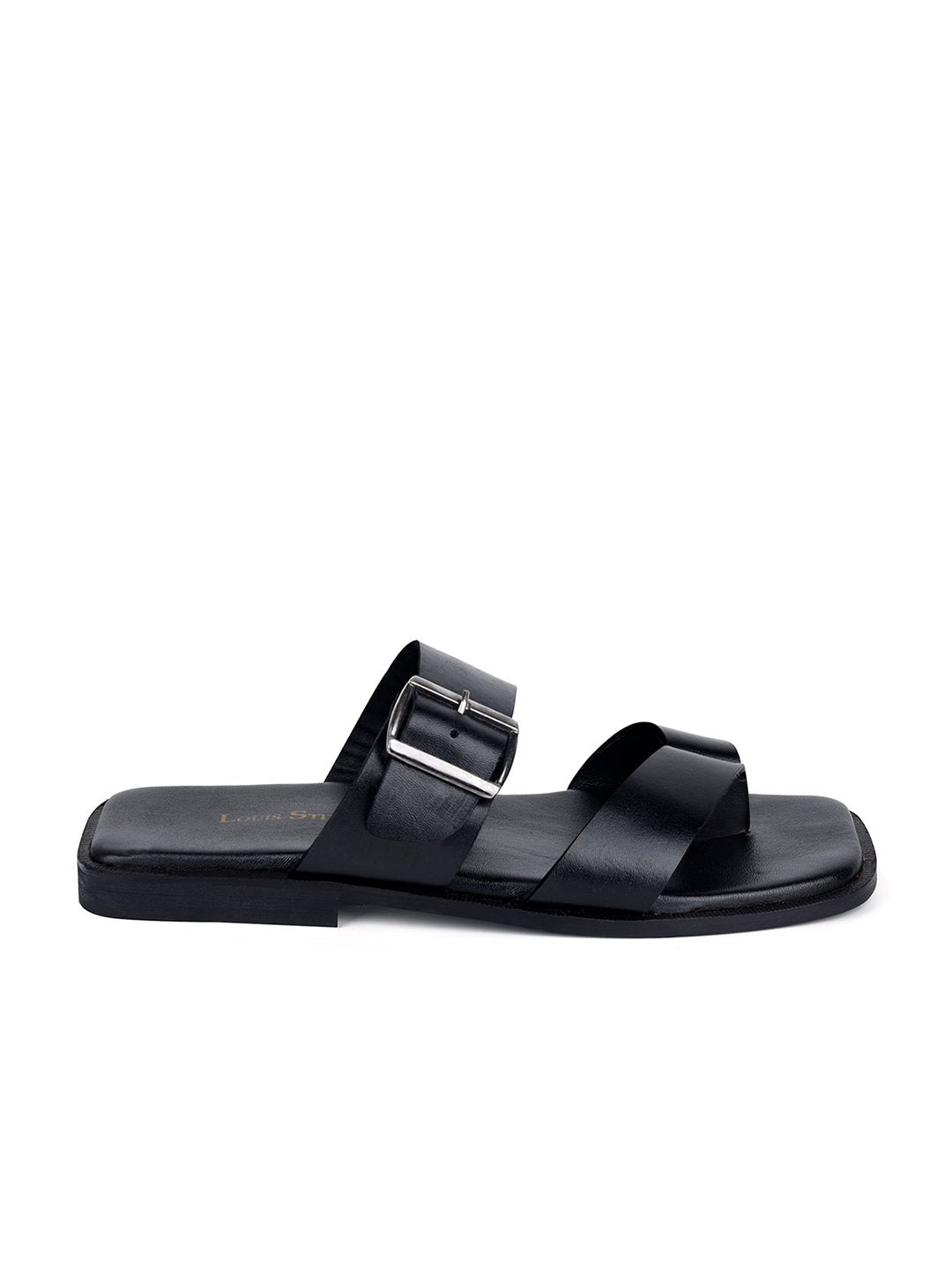 Jet Black Open Toe Lightweight T-Strap Leather Sandal with Adjustable Buckle Strap