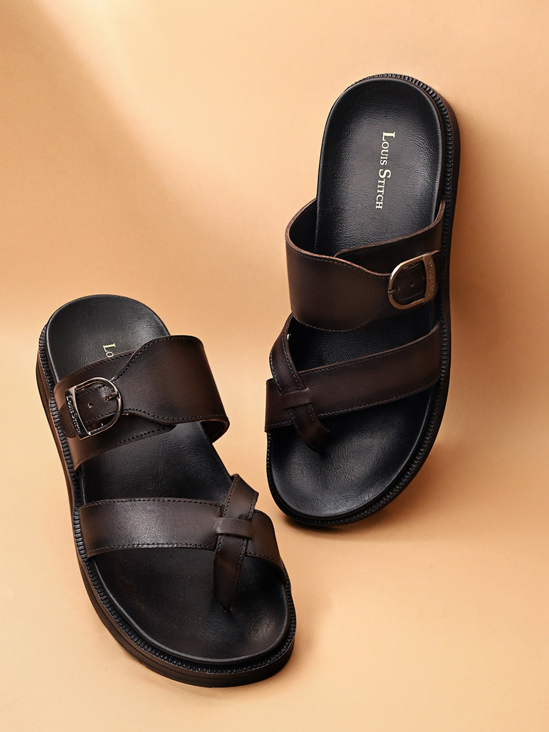 Brunette Brown Toe Ring Lightweight Leather Sandal with Adjustable Buckle