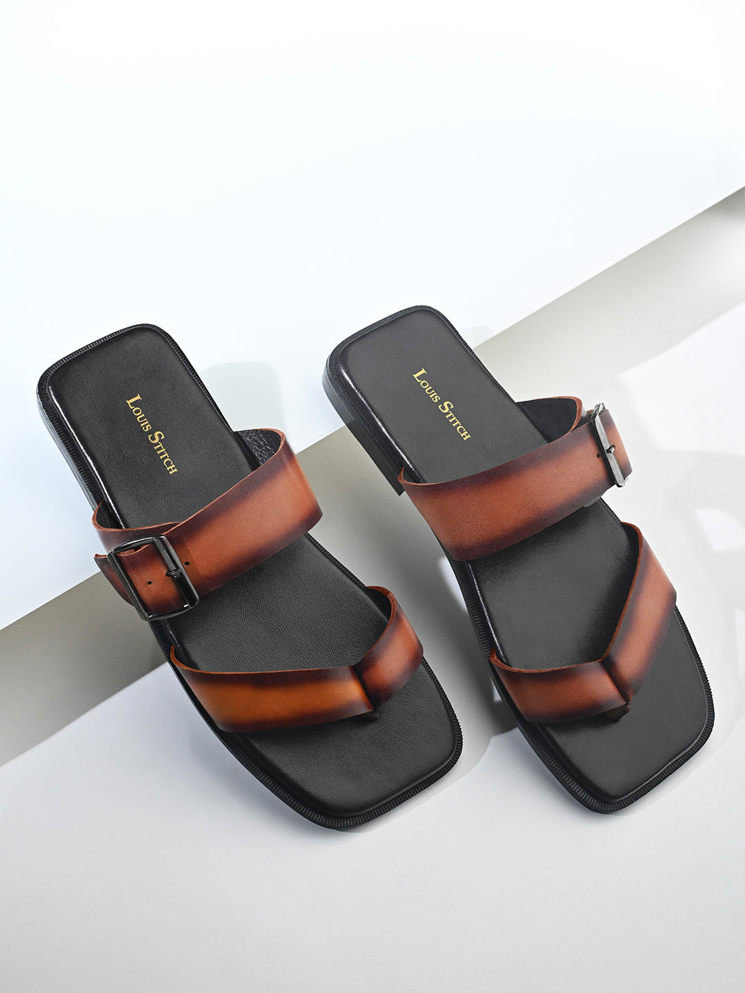 Tan Open Toe Lightweight T-Strap Leather Sandal with Adjustable Buckle Strap