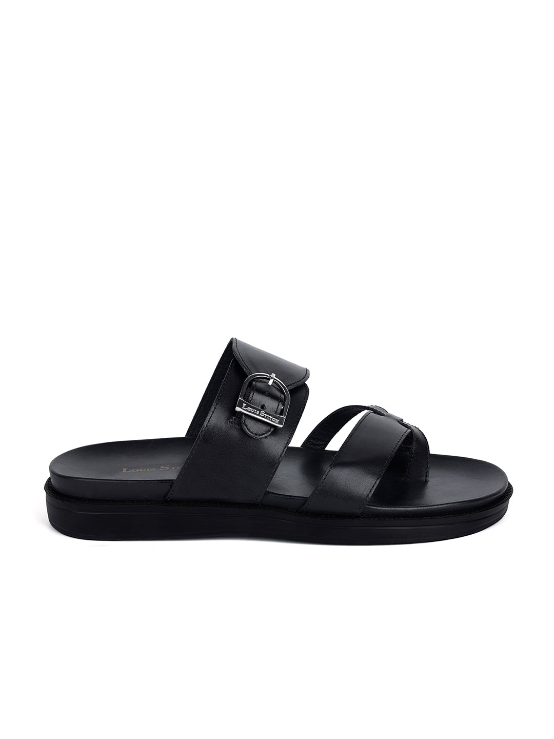 Jet Black Toe Ring Lightweight Leather Sandal with Adjustable Buckle