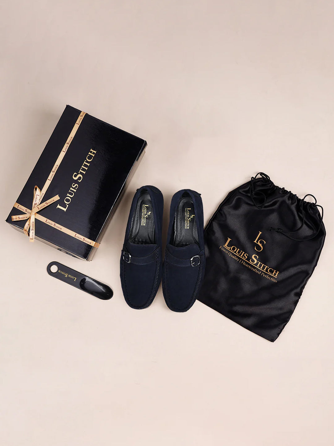 Federal Blue Handmade Italian Suede Leather Solid Penny Loafers with Buckle