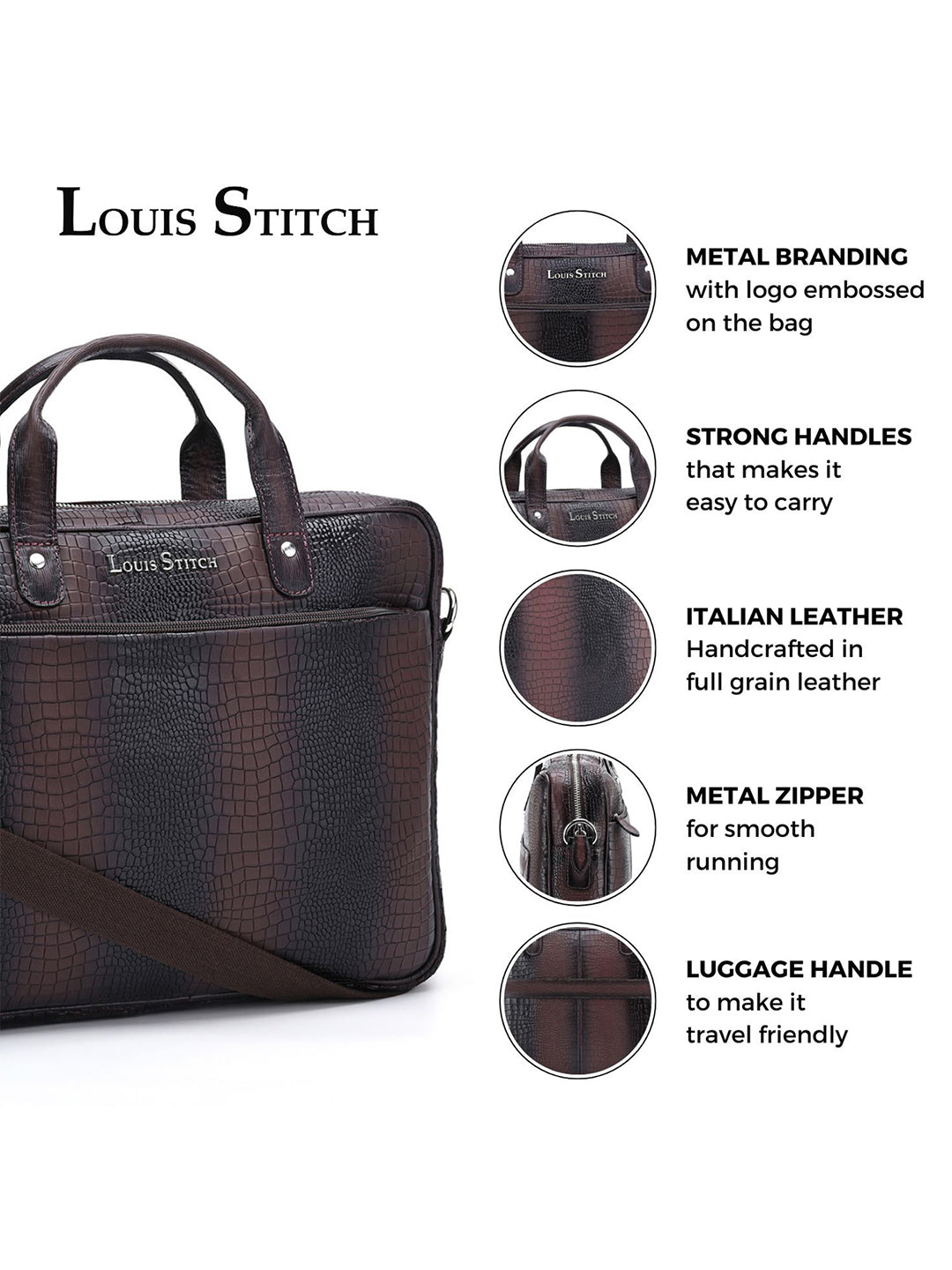 Men's Brown Italian Leather Dual Tone Laptop Bag with Shoulder Strap