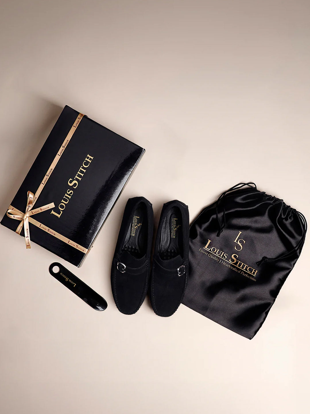 Jet Black Handmade Italian Suede Leather Solid Penny Loafers with Buckle