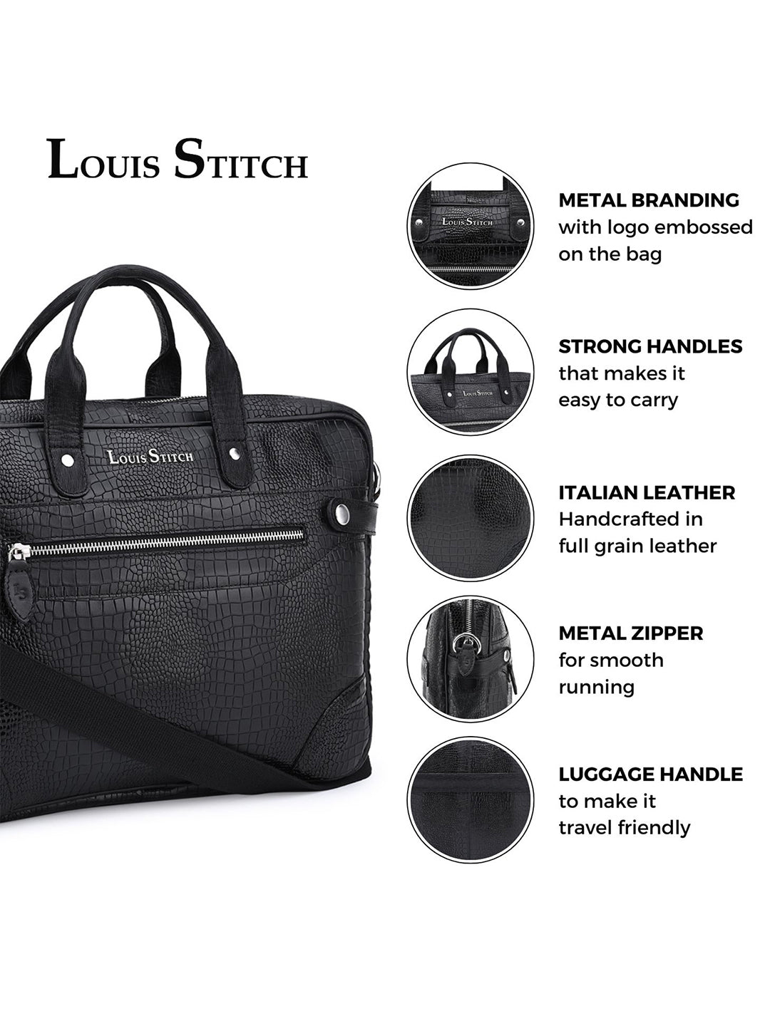 Men's Black Italian Leather Dual Tone Laptop Bag with Shoulder Strap