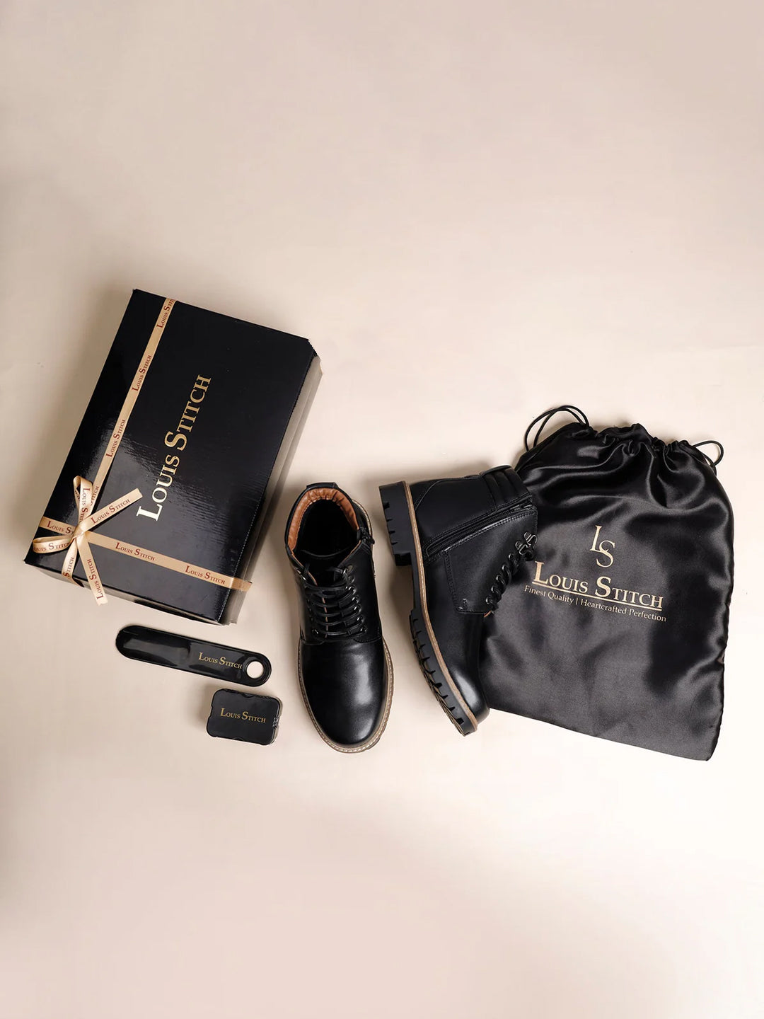 Jet Black Handcrafted Derby Lace Up Chain Boots