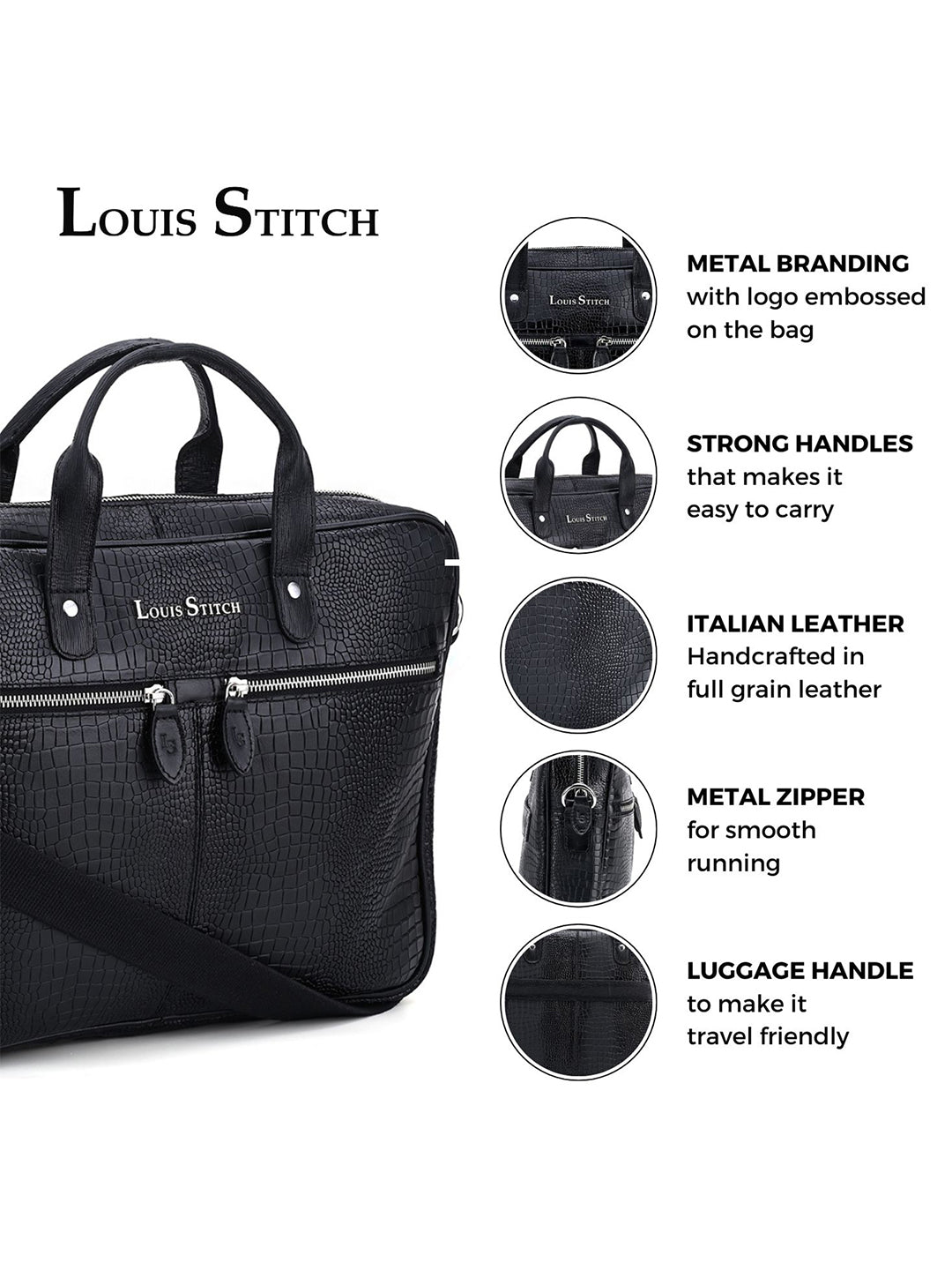 Men's Black Italian Leather Dual Tone Laptop Bag with Shoulder Strap