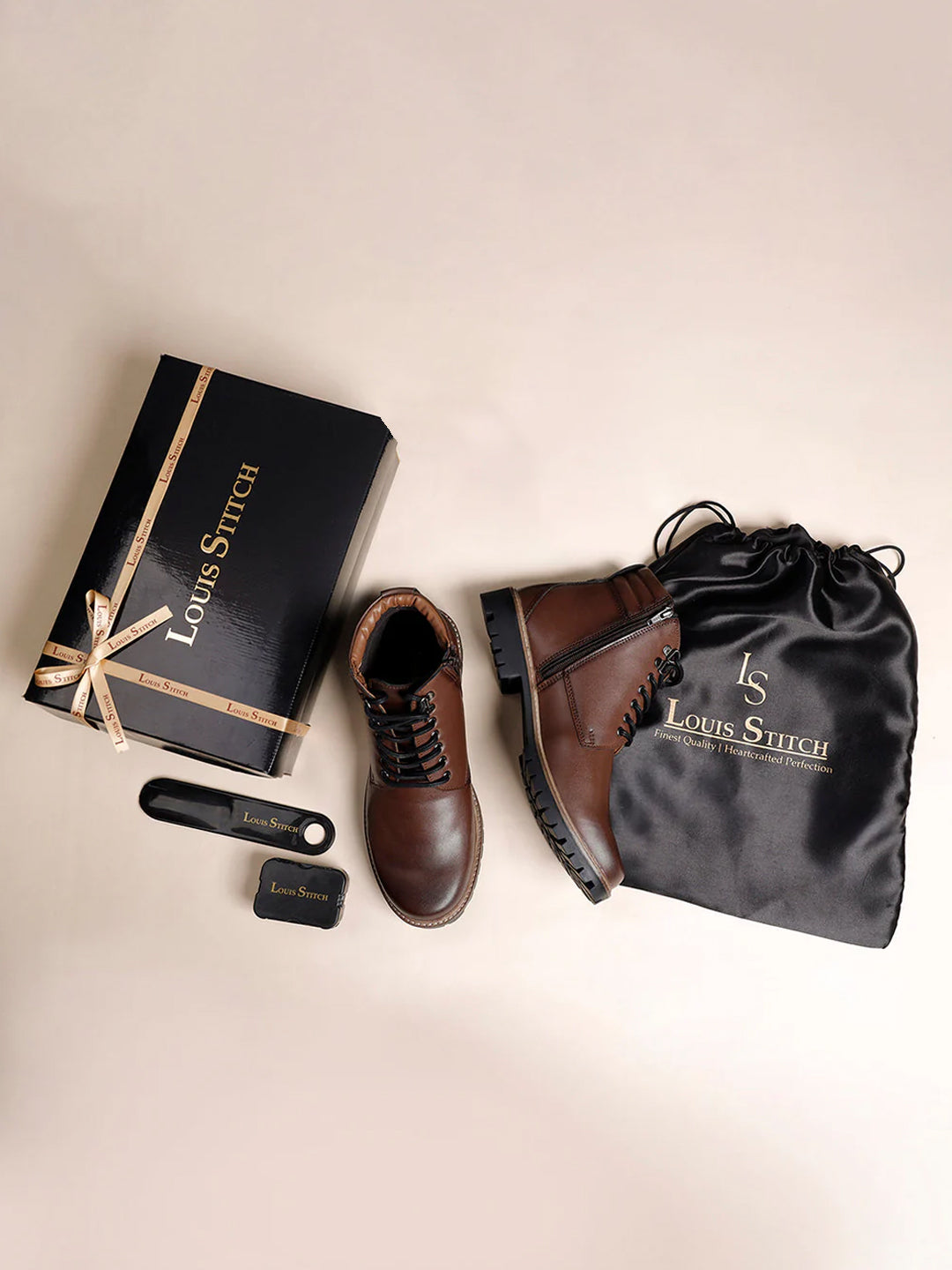 Tan Handcrafted Derby Lace Up Chain Boots