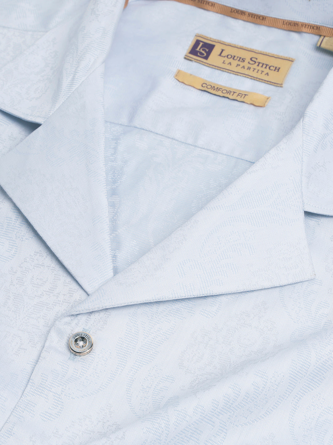 Regular Fit Cuban Collar Abstract Blue Shirt For Men