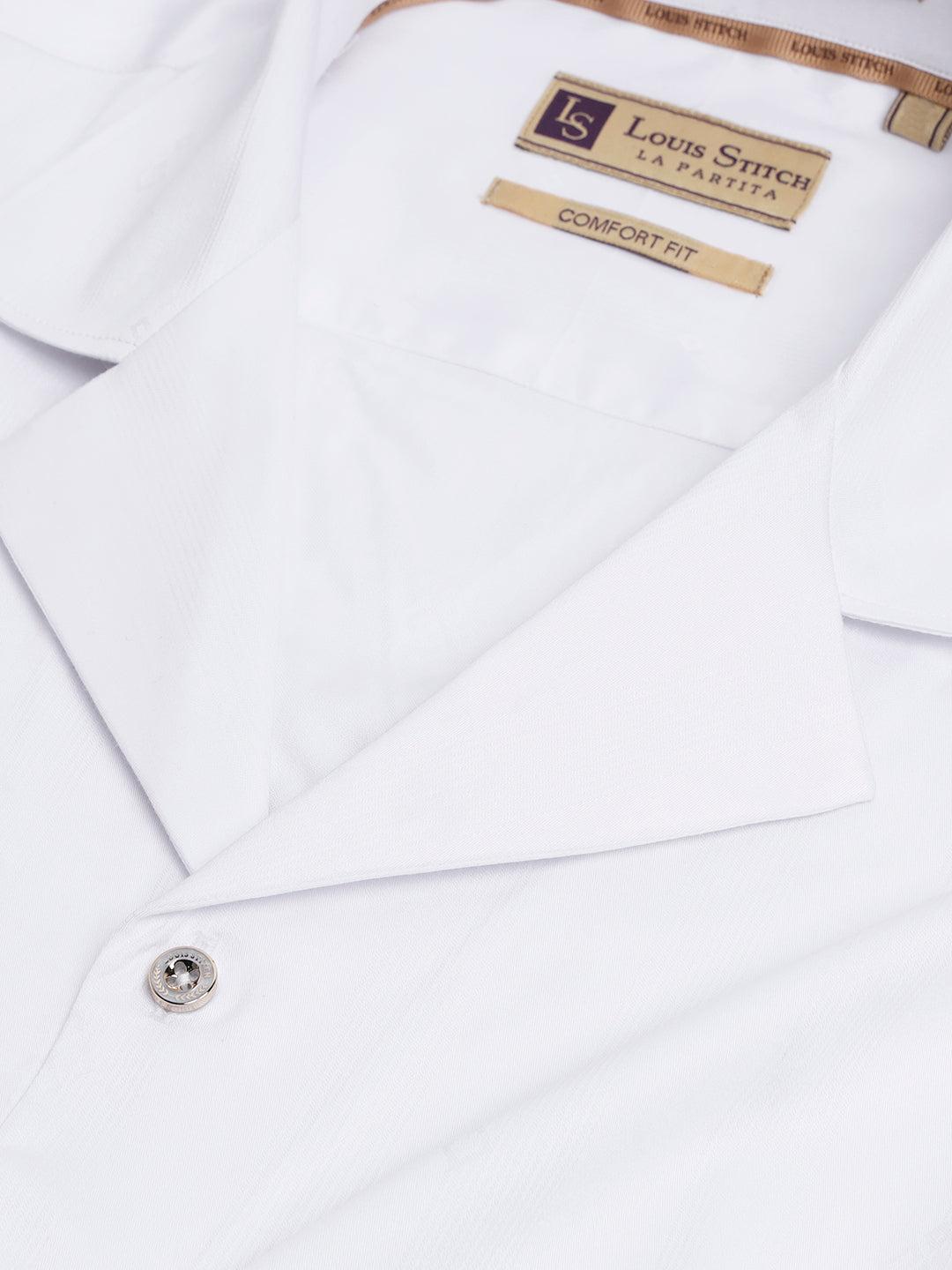 Regular Fit Cuban Collar Geometric White Shirt For Men