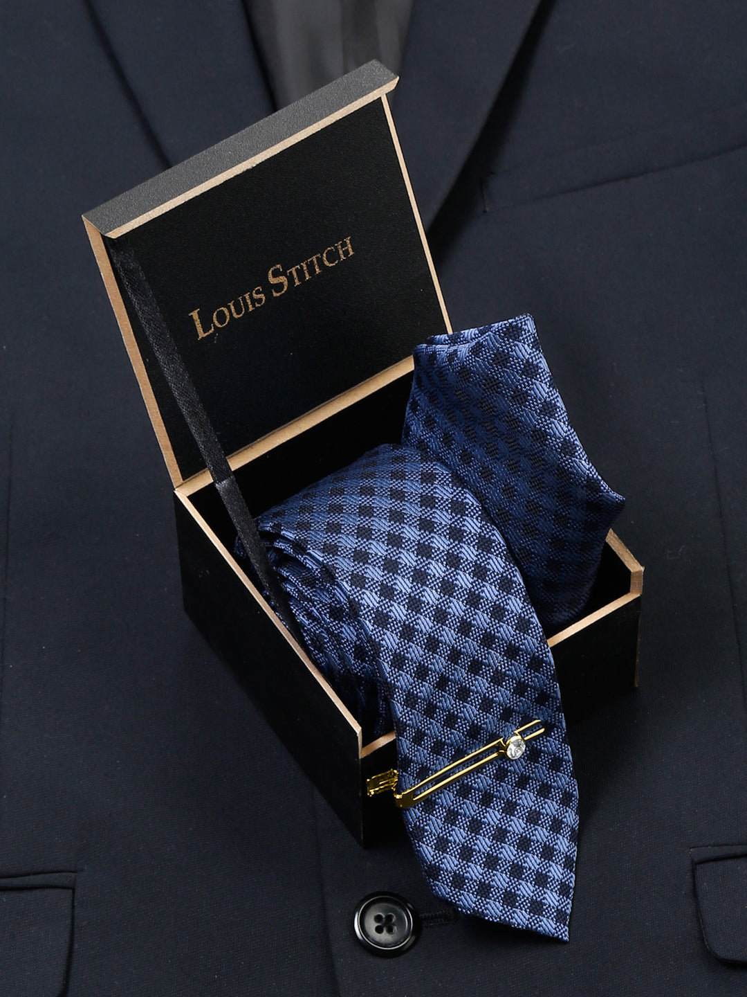 Space Blue Luxury Italian Silk Necktie Set With Pocket Square Gold Tie pin