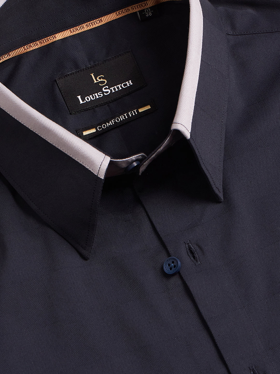 Regular Fit Formal Textured Navy Blue Shirt For Men