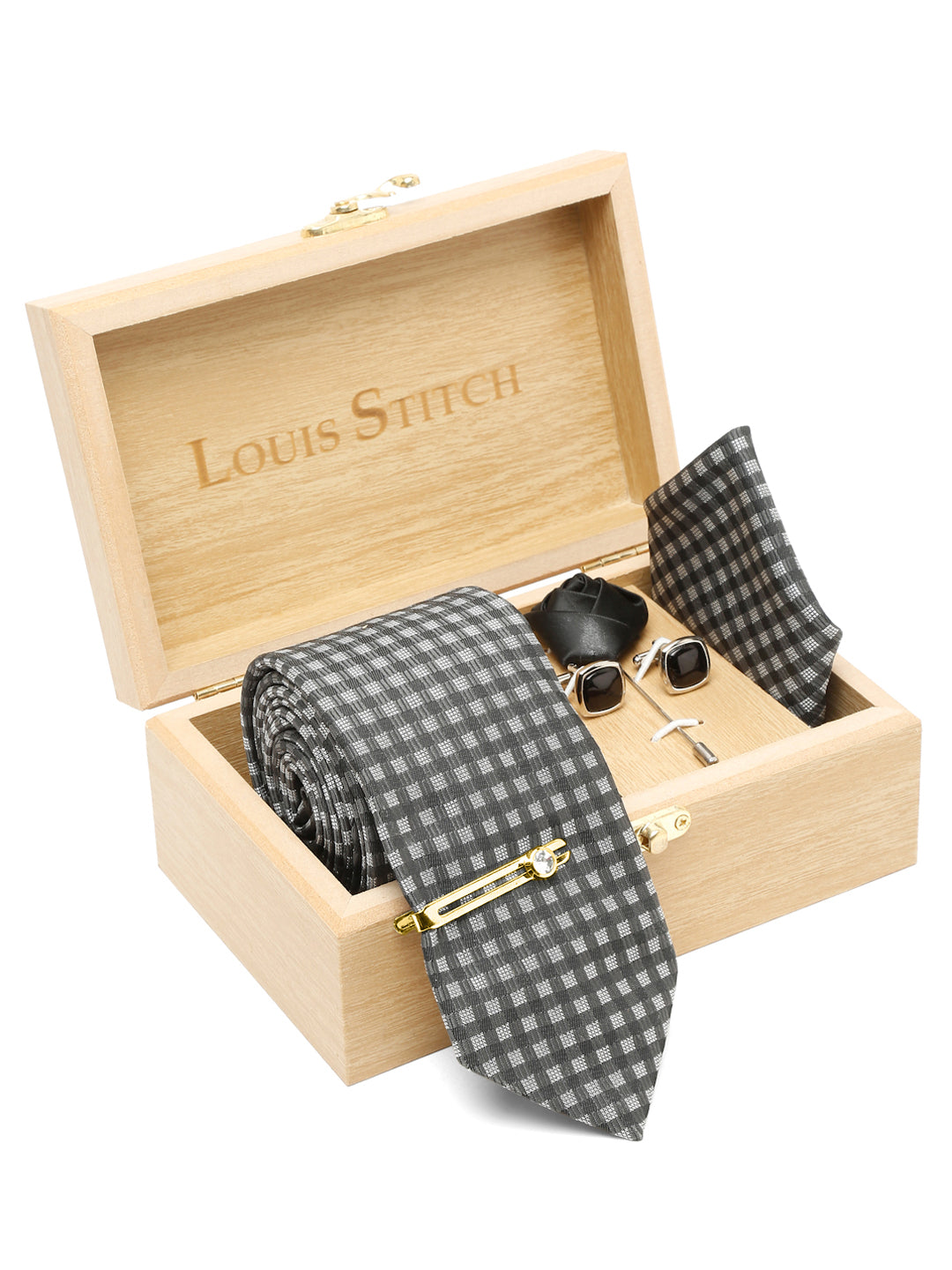 Checkerd Black Luxury Italian Silk Necktie Set With Pocket Square Cufflinks Brooch Gold Tie pin