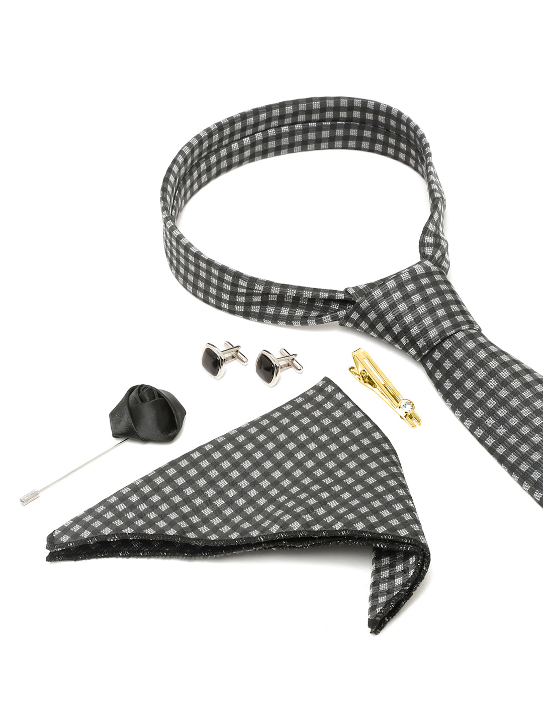 Checkerd Black Luxury Italian Silk Necktie Set With Pocket Square Cufflinks Brooch Gold Tie pin