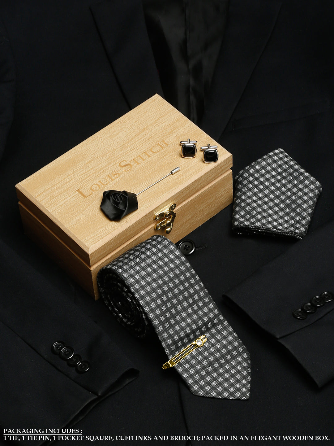 Checkerd Black Luxury Italian Silk Necktie Set With Pocket Square Cufflinks Brooch Gold Tie pin