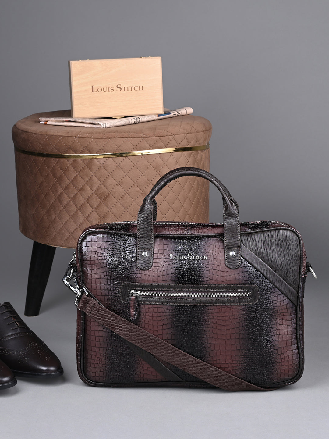 Men's Brown Italian Leather Dual Tone Laptop Bag with Shoulder Strap