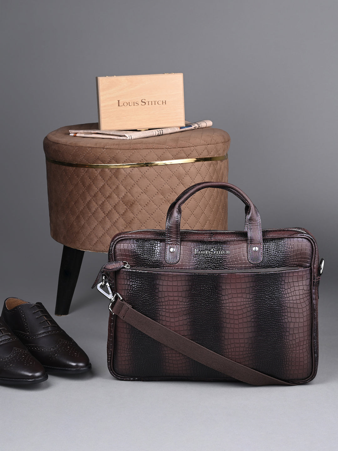 Men's Brown Italian Leather Dual Tone Laptop Bag with Shoulder Strap