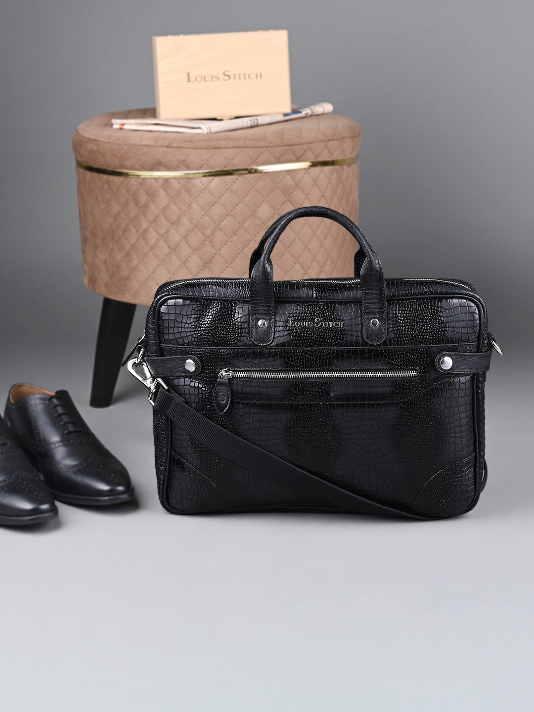 Men's Black Italian Leather Dual Tone Laptop Bag with Shoulder Strap