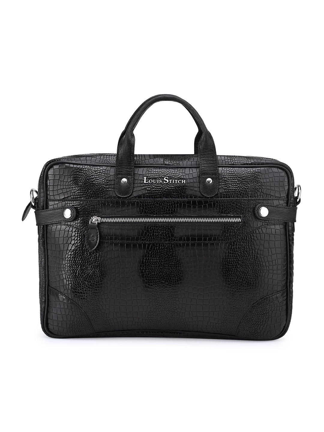 Men's Black Italian Leather Dual Tone Laptop Bag with Shoulder Strap