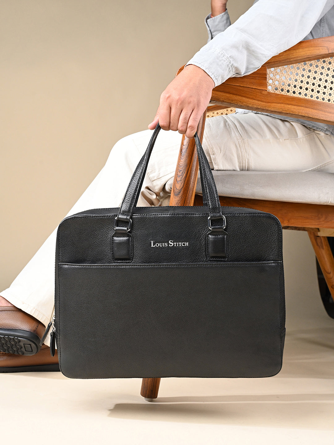 Men's Black Italian Leather Laptop Bag Multifunctional Executive Briefcase
