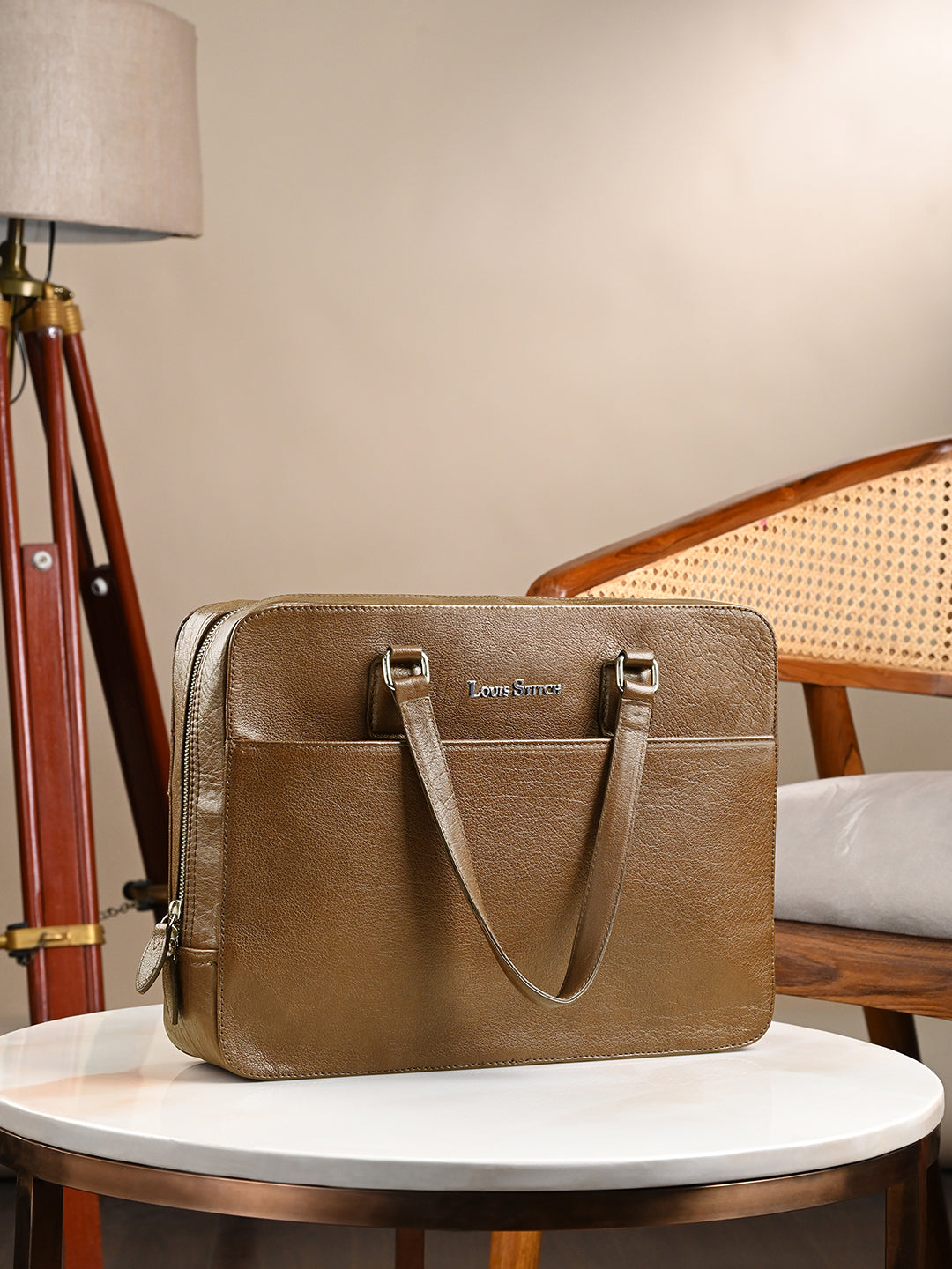 Men's Tan Italian Leather Laptop Bag Multifunctional Executive Briefcase