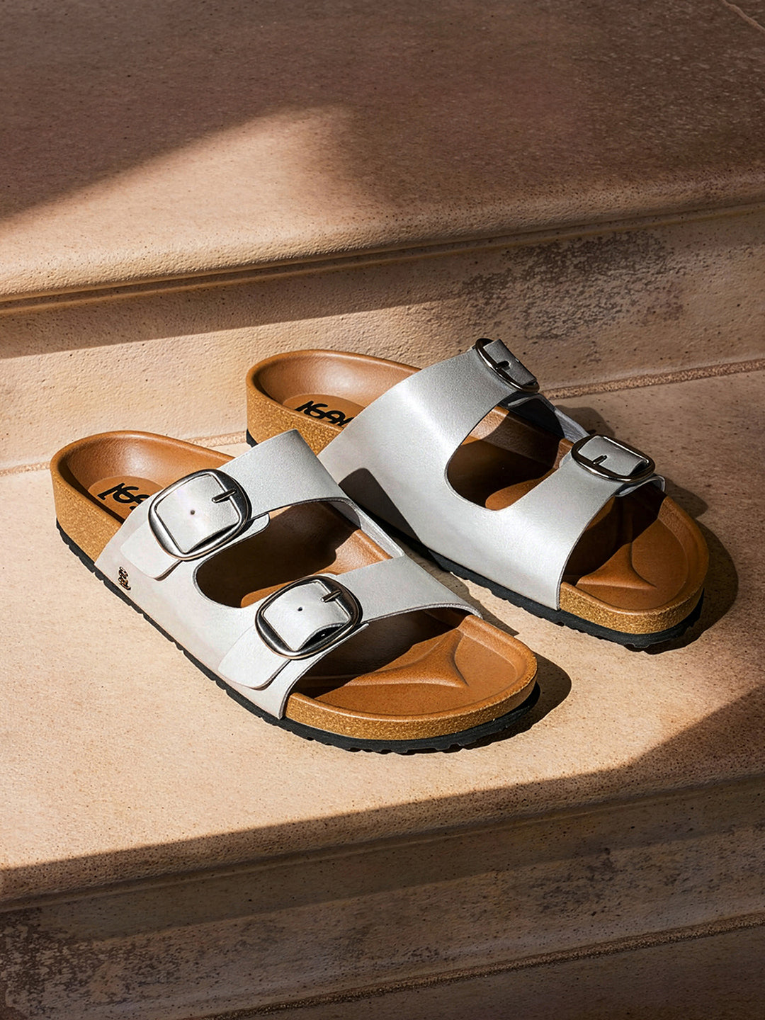 Silver Double Strap Lightweight Open Toe Cork Sandal