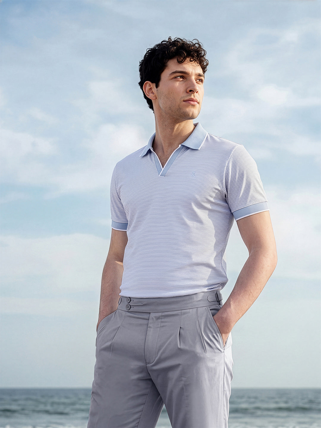 Signature Regular Fit Johnny Collar Striped Blue Polo T-shirt