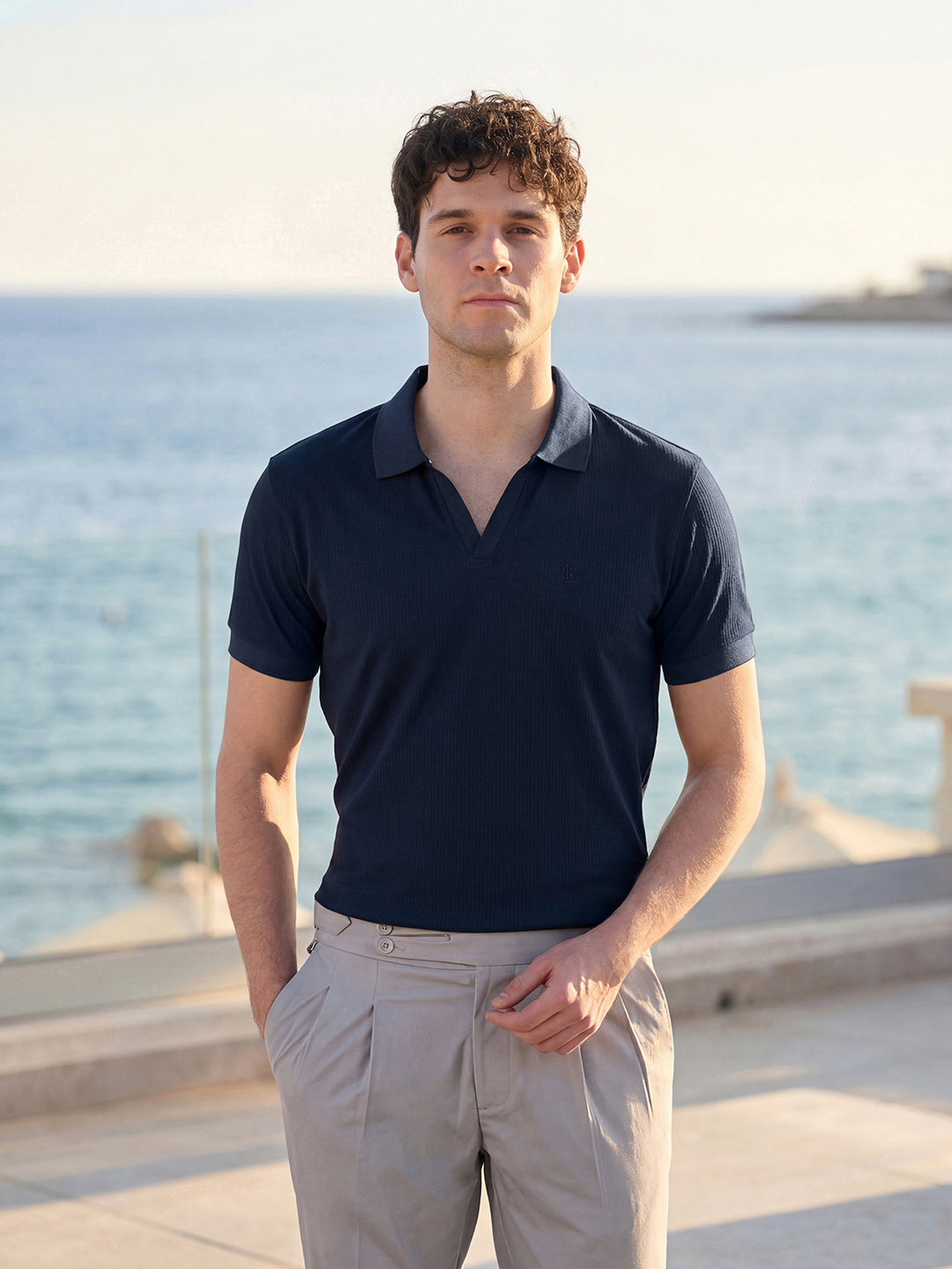 Signature Regular Fit Johnny Collar Self Striped Navy Polo T-shirt