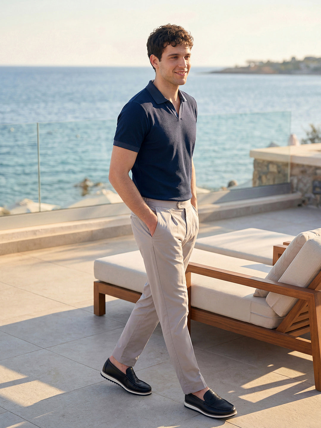 Signature Regular Fit Johnny Collar Self Striped Navy Polo T-shirt