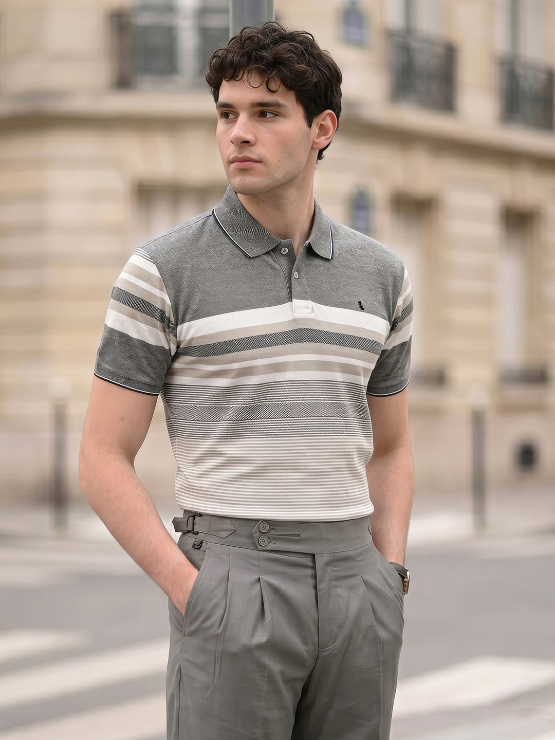 Classic Regular Fit Striped Green Polo T-shirt