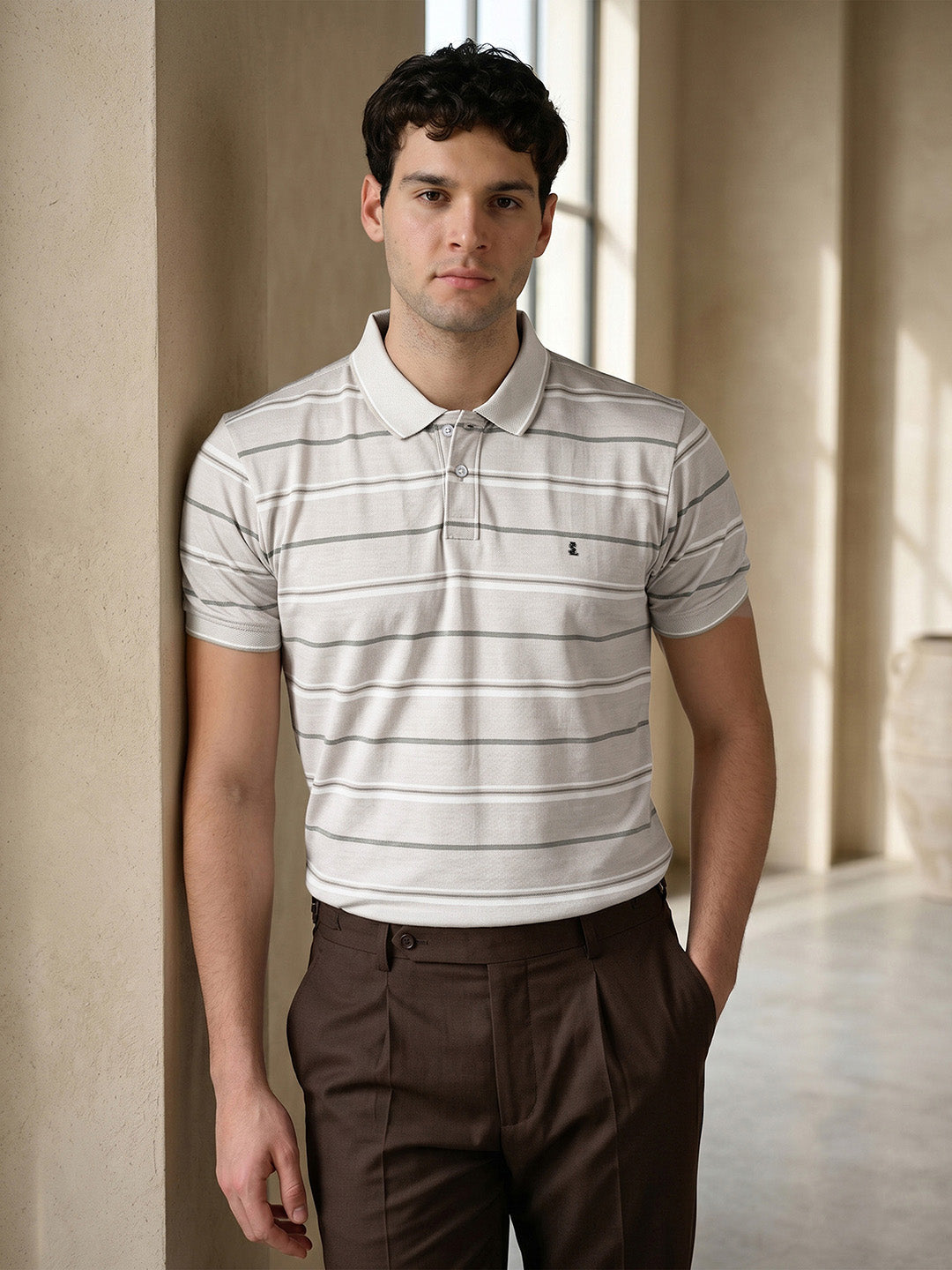 Classic Regular Fit Striped Beige Polo T-shirt