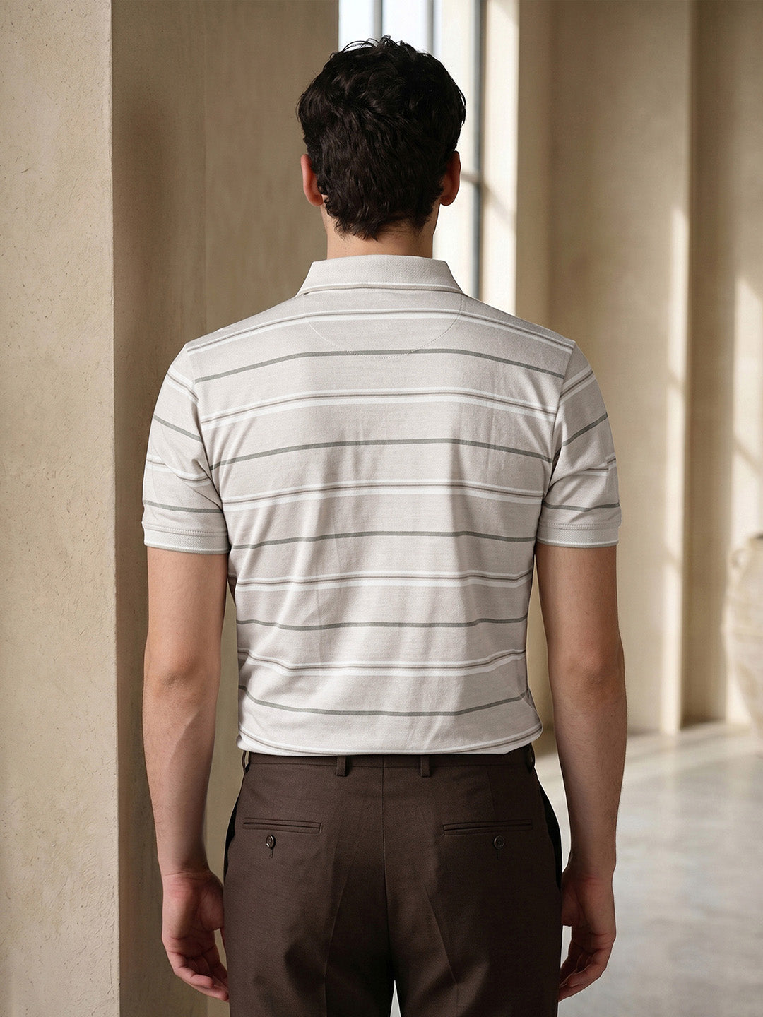 Classic Regular Fit Striped Beige Polo T-shirt