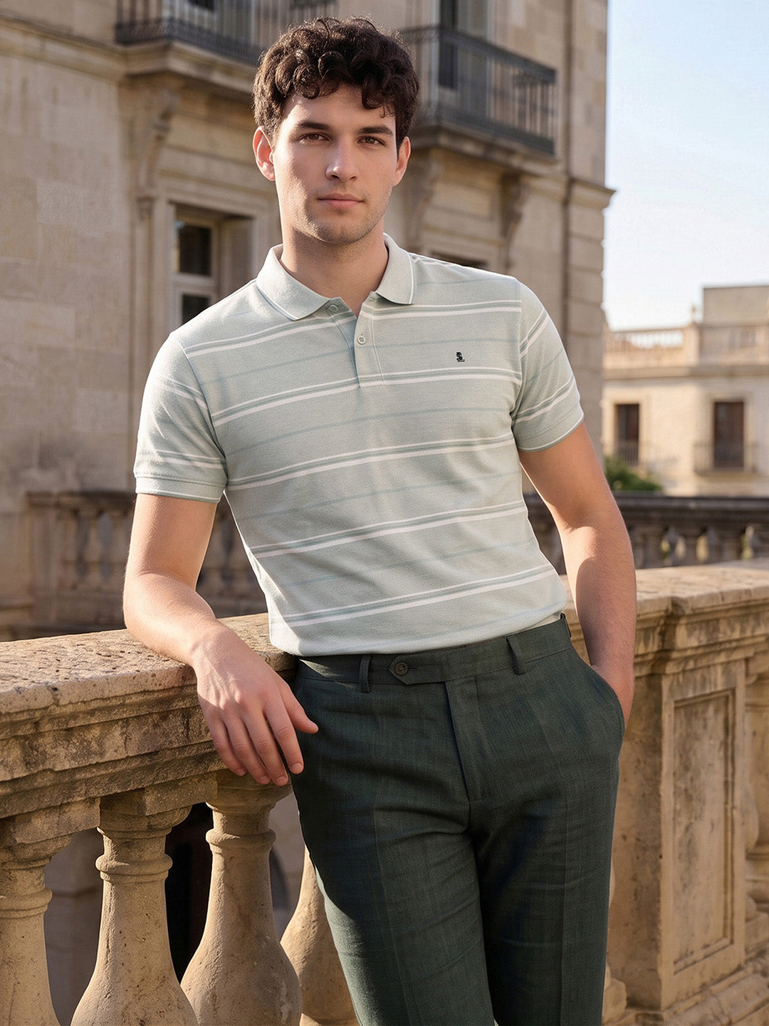 Classic Regular Fit Striped Green Polo T-shirt