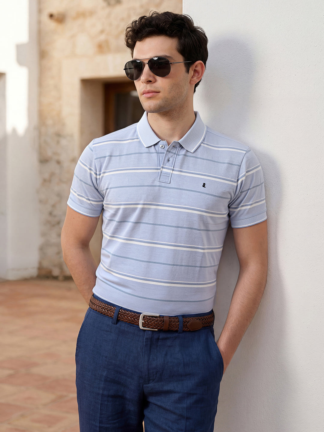 Classic Regular Fit Striped Blue Polo T-shirt